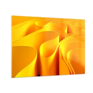 Billede på glas - Abstrakte bølger i nuancer af guld og orange - 70x50cm - Som solens bølger - Moderne vægdekoration til stue og soveværelse ARTTOR