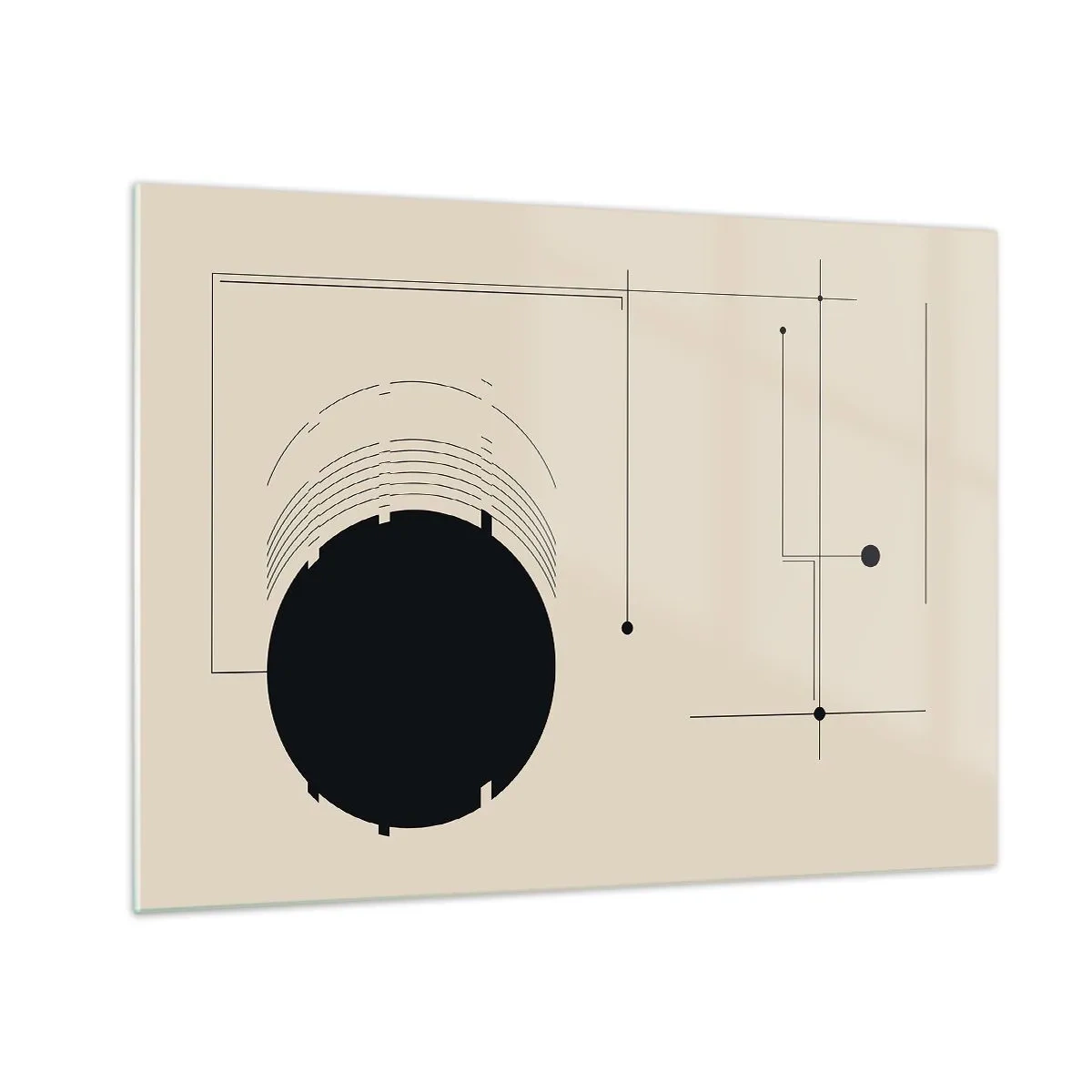 Billede på glas - Abstrakt komposition med en sort cirkel og geometriske linjer - 70x50cm - Fjedrende og dynamisk komposition - Moderne vægdekoration til stue og soveværelse ARTTOR