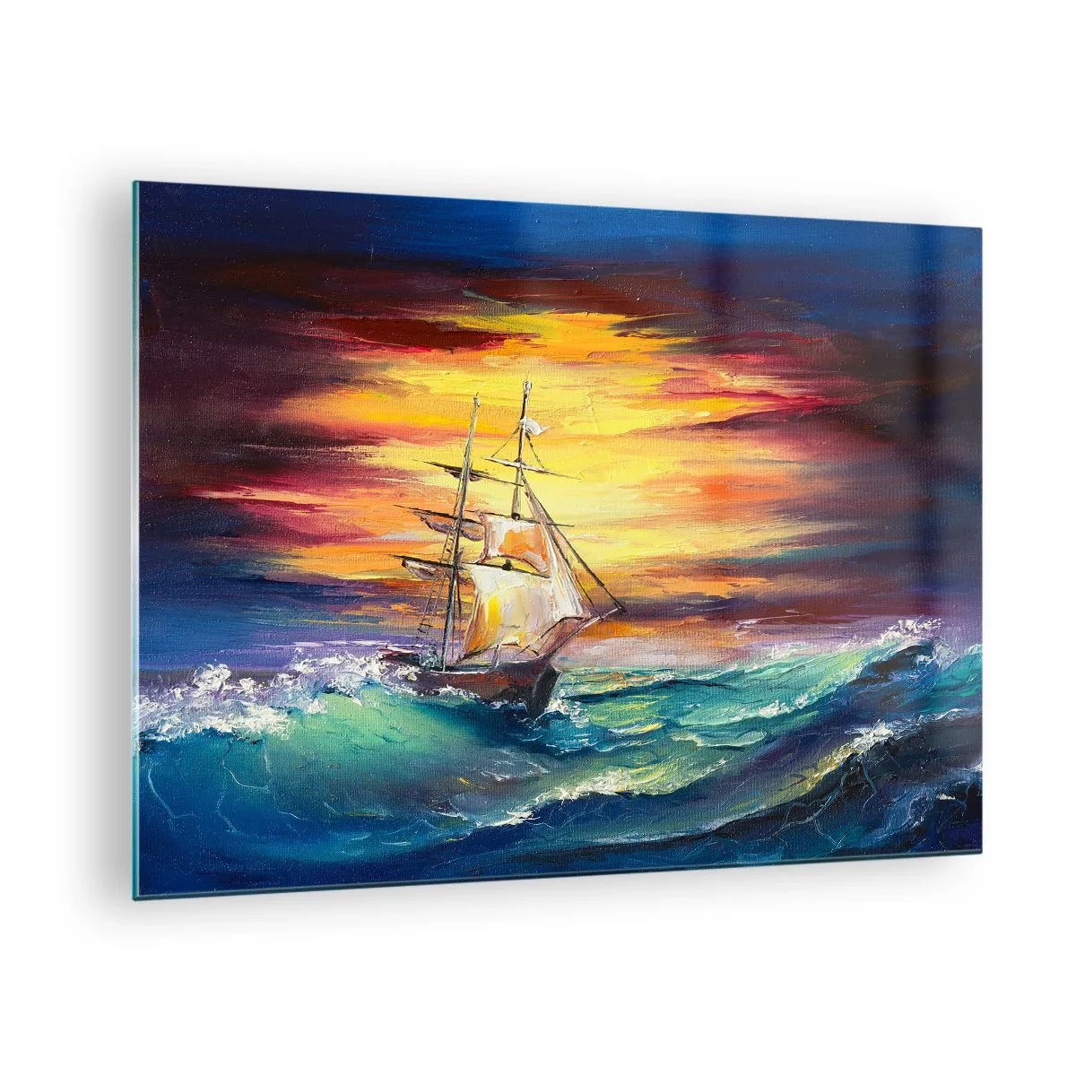 Billede på glas - Et skib på et stormfuldt hav ved solnedgang - 70x50cm - At trodse bølgerne - Moderne vægdekoration til stue og soveværelse ARTTOR