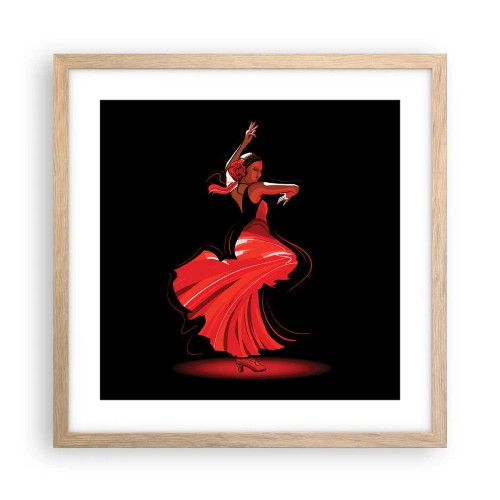 Plakat i ramme af lyst egetræ - Flamencoens brændende ånd - 40x40 cm