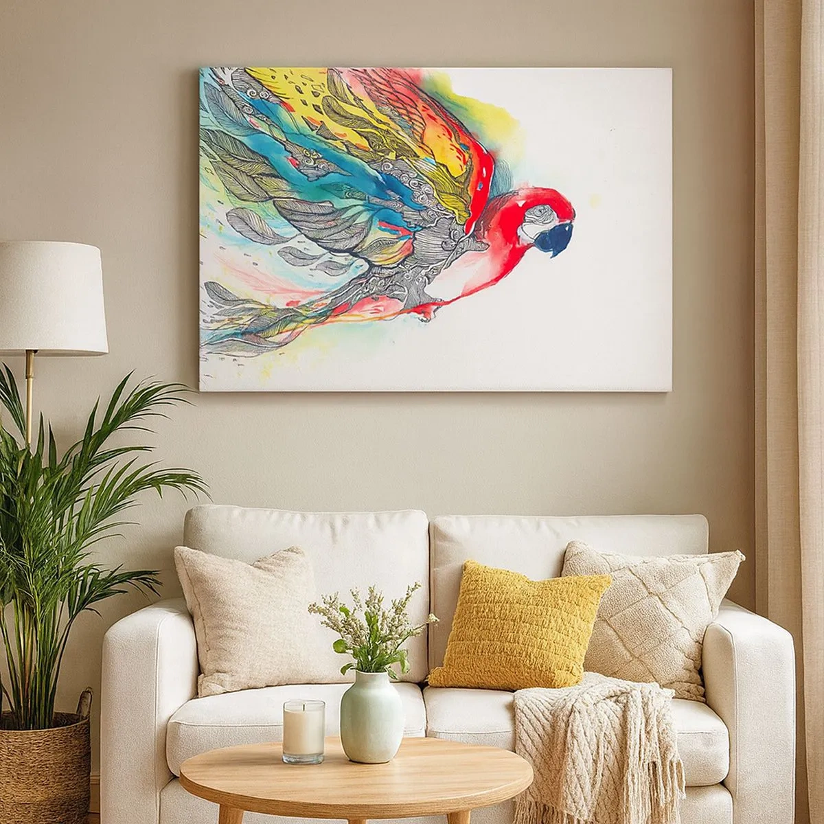 Lærredstryk - Billede på lærred - En farverig papegøje i flugt med abstrakte mønstre på vingerne. - 70x50cm - Lev farverigt - Moderne vægdekoration til stue og soveværelse ARTTOR