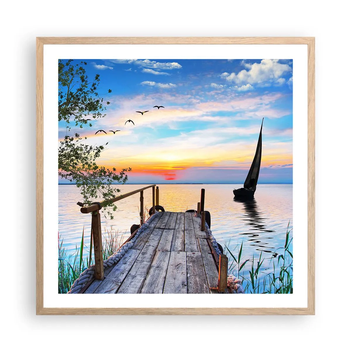 Plakat i ramme af lyst egetræ - Godaften - 60x60 cm