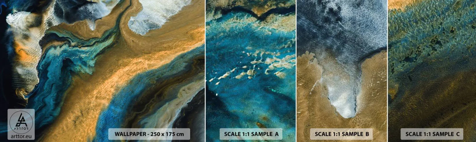 Fototapet Prøve Standard Eco - Blå - gul - gensidig indflydelse - Abstraktion, Stykke, Grafik - 100x30 cm