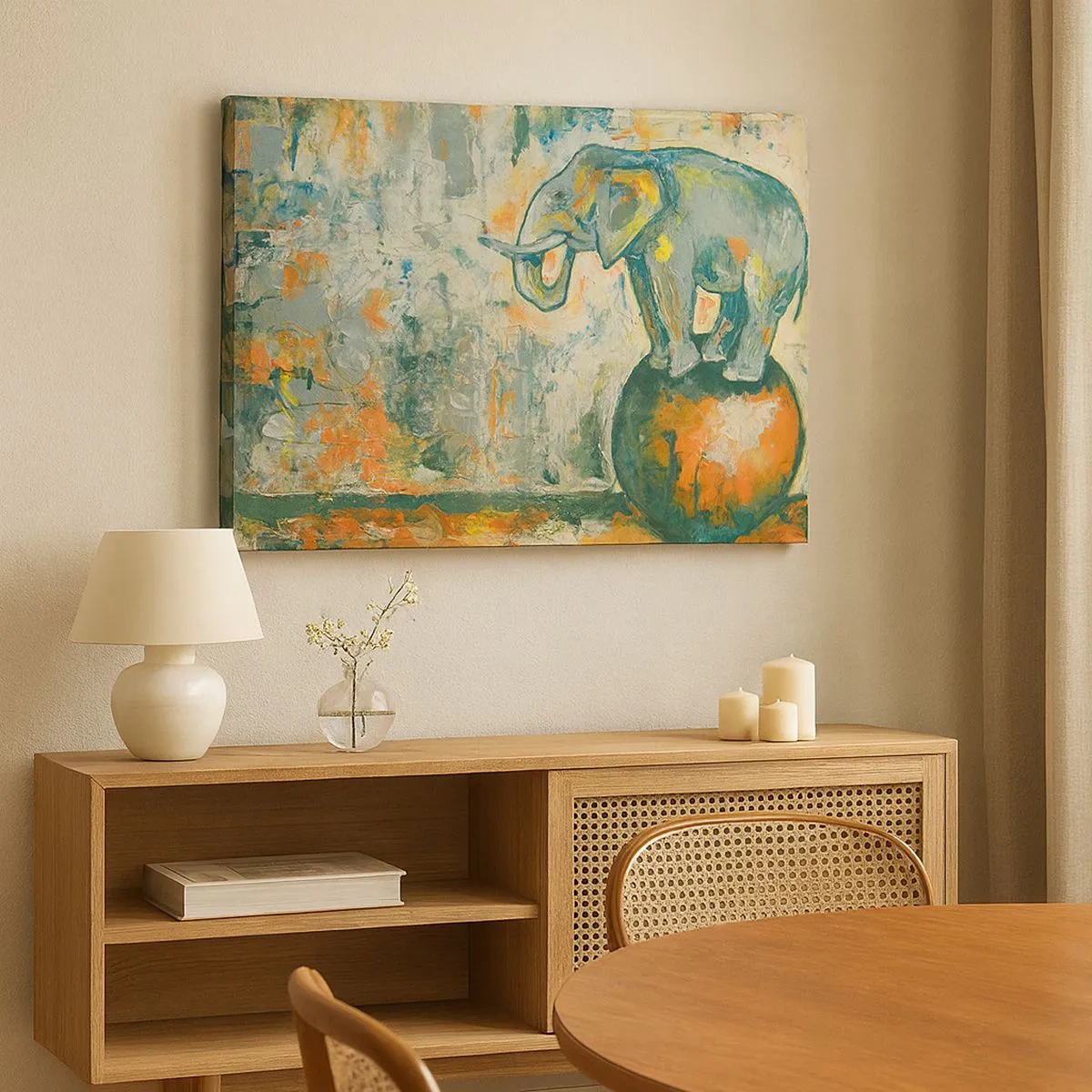 Lærredstryk - Billede på lærred - En elefant, der balancerer på en bold i kunstnerisk stil - 70x50cm - Længe leve cirkusset! - Moderne vægdekoration til stue og soveværelse ARTTOR