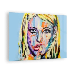 Billede på glas - Et farverigt portræt af en kvinde med et tankefuldt udtryk - 70x50cm - Se hende lige i øjnene - Moderne vægdekoration til stue og soveværelse ARTTOR