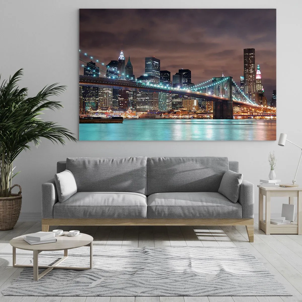 Billede på glas - Natpanorama af byen med den oplyste bro - 70x50cm - Lys i den store by - Moderne vægdekoration til stue og soveværelse ARTTOR