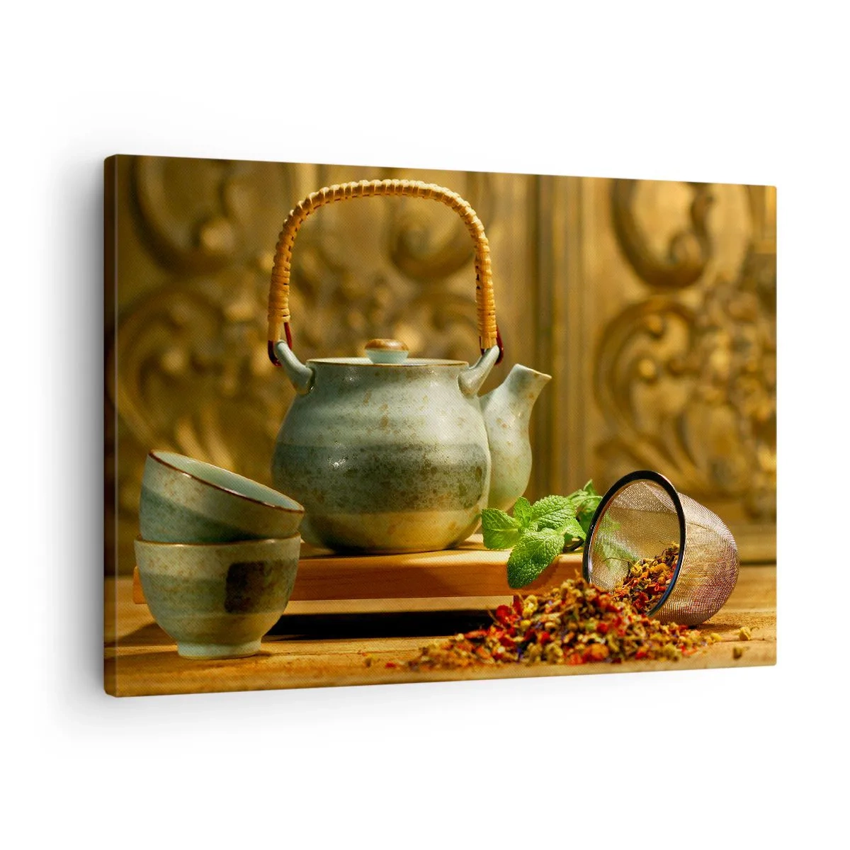 Lærredstryk - Billede på lærred - Keramisk kande med kopper og tørret te - 70x50cm - En afhandling om at drikke te - Moderne vægdekoration til stue og soveværelse ARTTOR