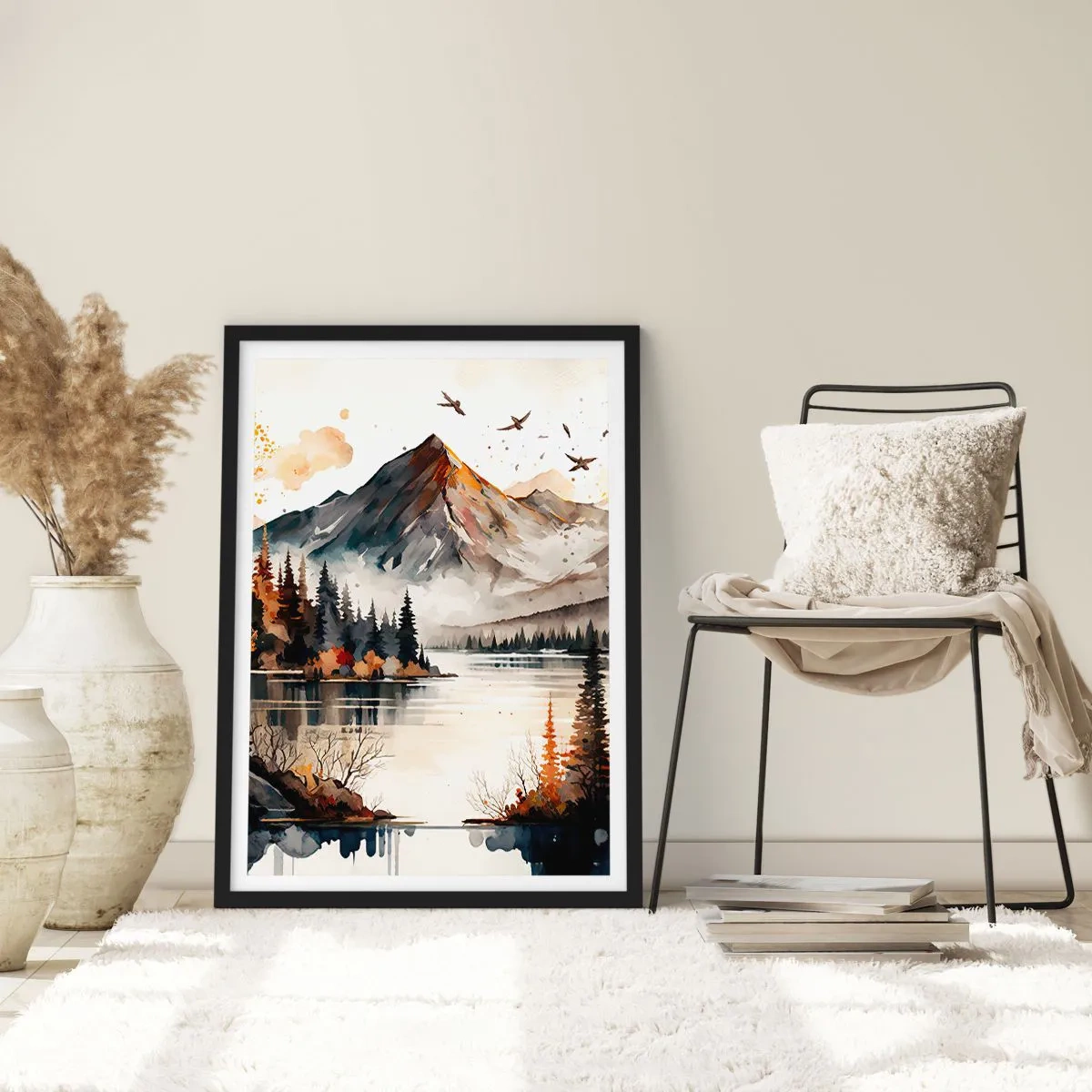 Plakat i sort ramme - Efterårsbjerglandskab over en stille sø - 50x70cm - Gyldent efterår i bjergene - Moderne vægdekoration til stue og soveværelse ARTTOR