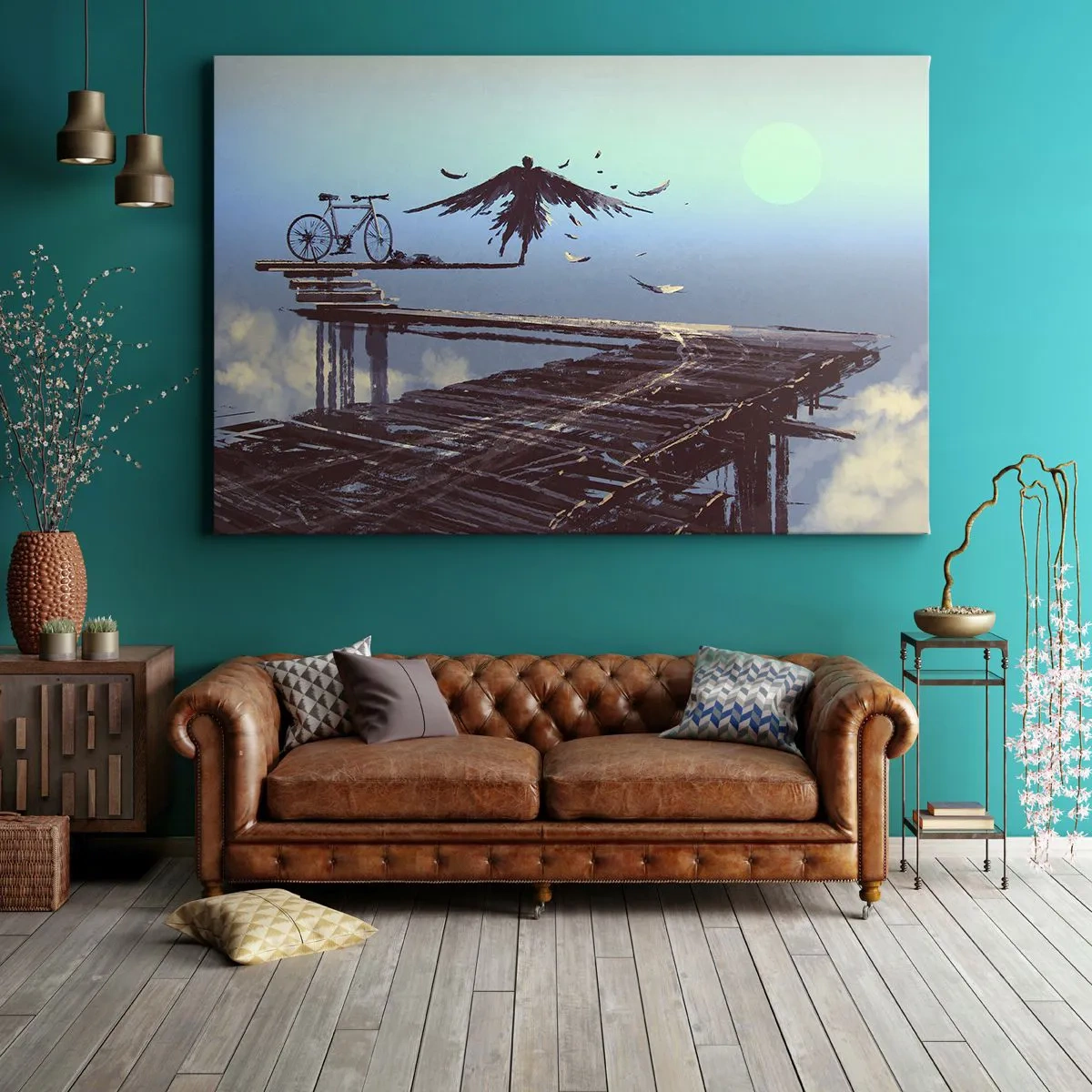 Lærredstryk - Billede på lærred - En figur med fjer svæver over en træbro ved siden af en cykel. - 70x50cm - Icarus for evigt i live - Moderne vægdekoration til stue og soveværelse ARTTOR