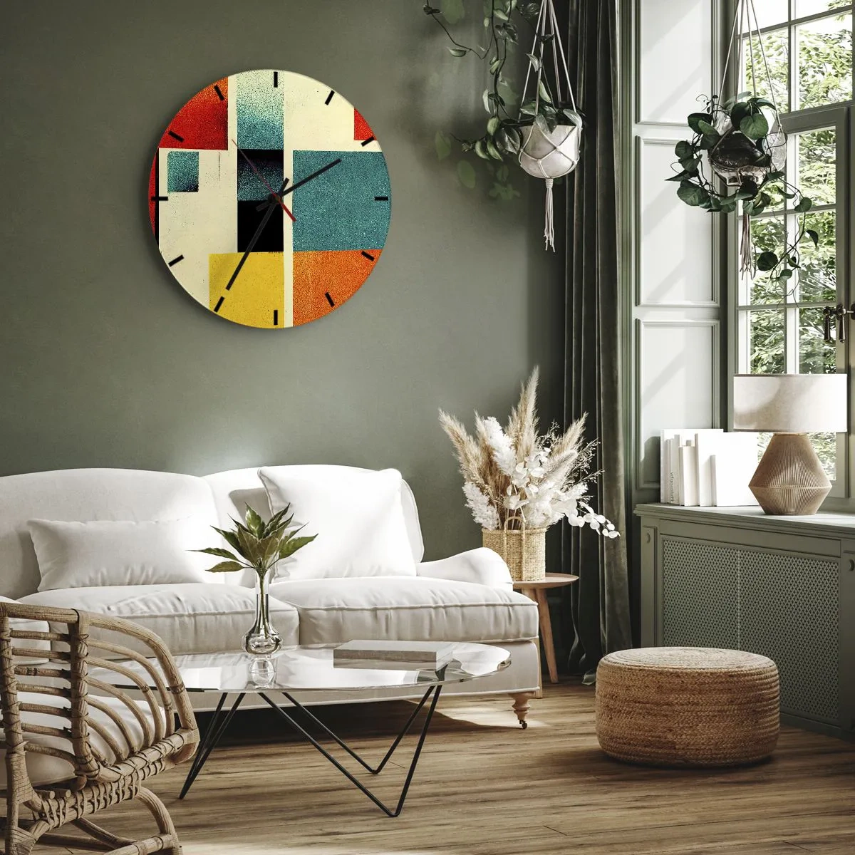 Vægur, Uret - Geometrisk sammensætning af farverige rektangler på en lys baggrund - 30x30cm - Geometrisk abstraktion - god energi - Moderne vægdekoration til stue, køkken og soveværelse ARTTOR