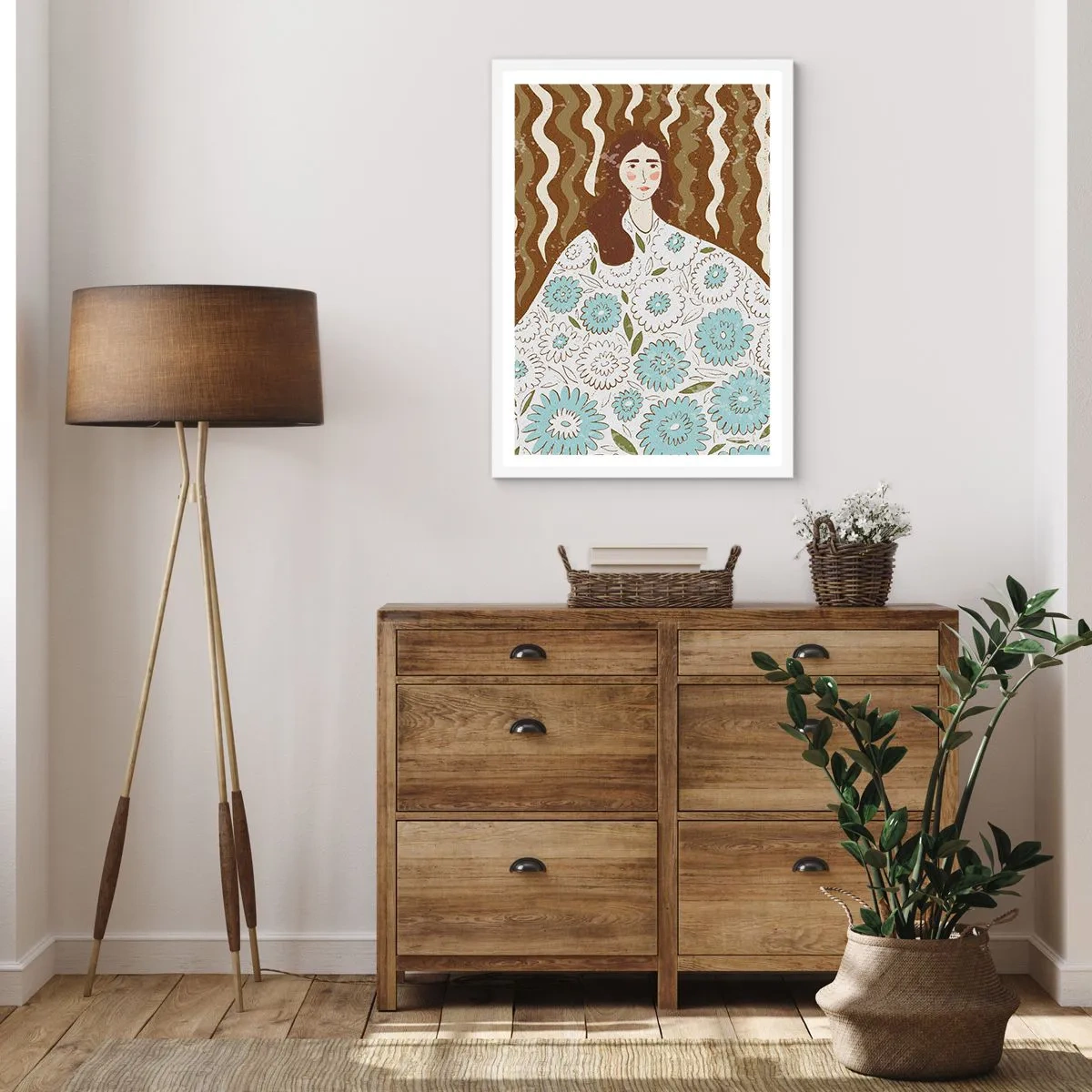 Plakat i hvid ramme - Portræt i en blomstret kappe - 50x70 cm
