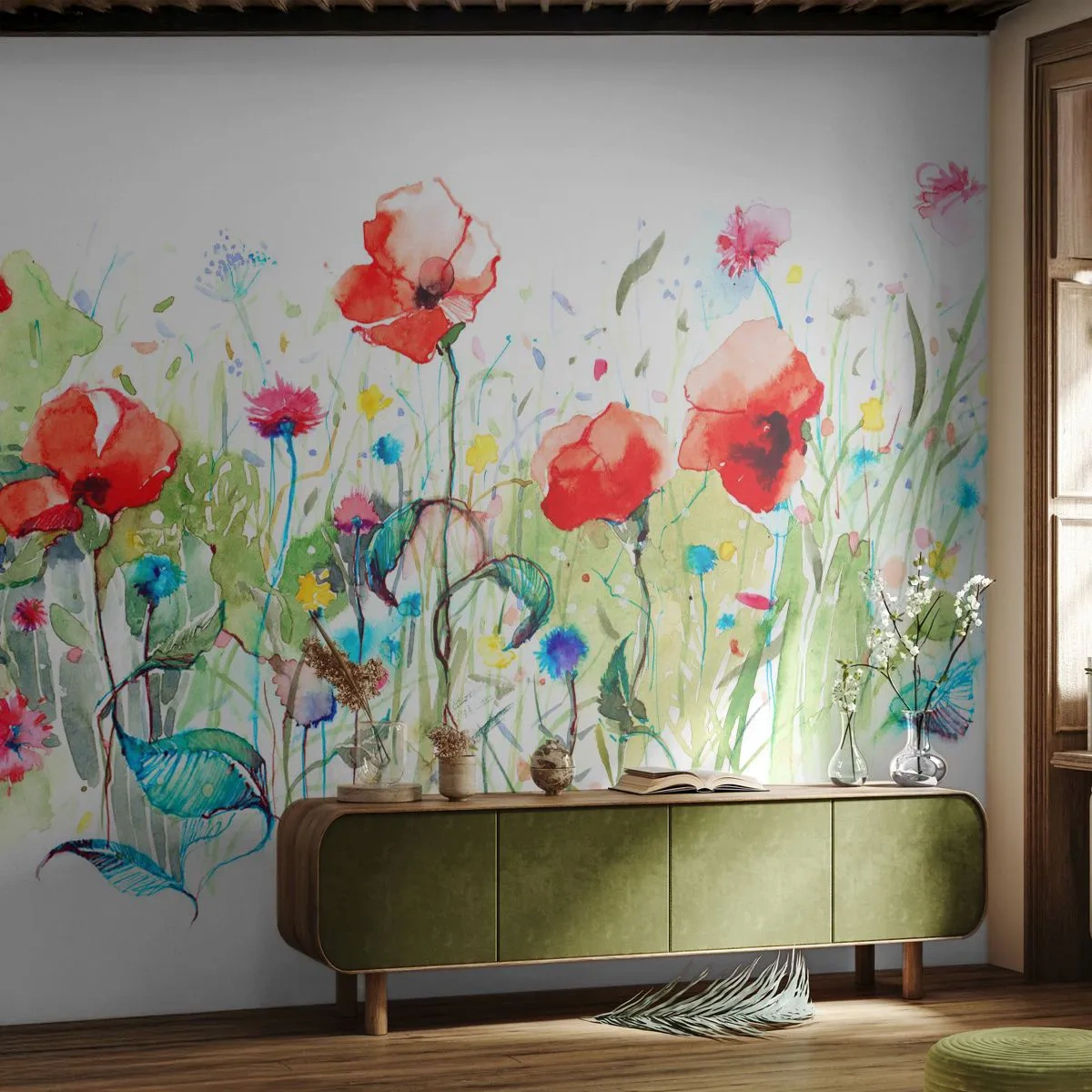 Fototapet Premium Sand - En blomstrende eng i maj - Blomster, Valmuer, Have - 100x70 cm