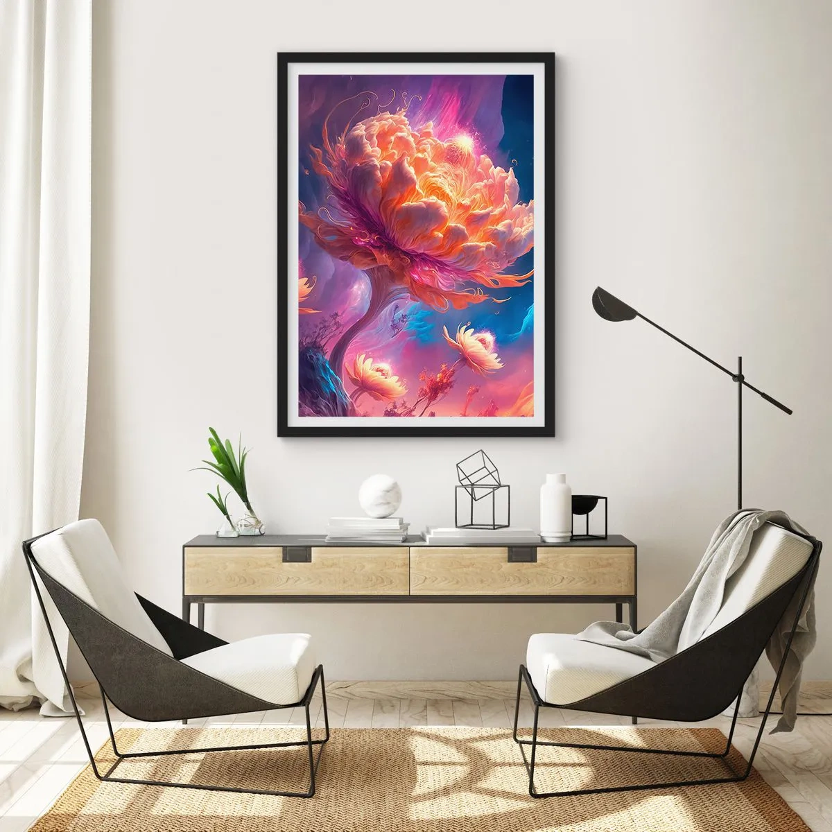 Plakat i sort ramme - Et fantastisk træ formet som en blomstrende blomst - 50x70cm - En anden verden - Moderne vægdekoration til stue og soveværelse ARTTOR