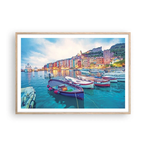 Plakat i ramme af lyst egetræ - En farverig aften i havnen - 100x70 cm