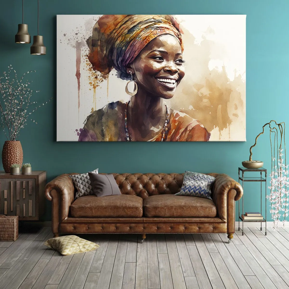 Lærredstryk - Billede på lærred - Portræt af en smilende kvinde i et farverigt tørklæde i akvarel - 70x50cm - Afrikansk dronning - Moderne vægdekoration til stue og soveværelse ARTTOR