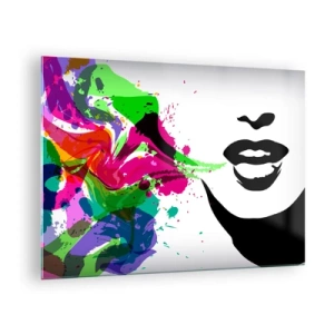 Billede på glas - En farverig abstraktion med en kvindelig profil og farvestænk. - 70x50cm - En historie i alle regnbuens farver - Moderne vægdekoration til stue og soveværelse ARTTOR