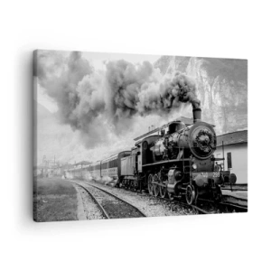 Lærredstryk - Billede på lærred - Et sort-hvidt damplokomotiv mod et bjerglandskab - 70x50cm - Står på stationen... - Moderne vægdekoration til stue og soveværelse ARTTOR