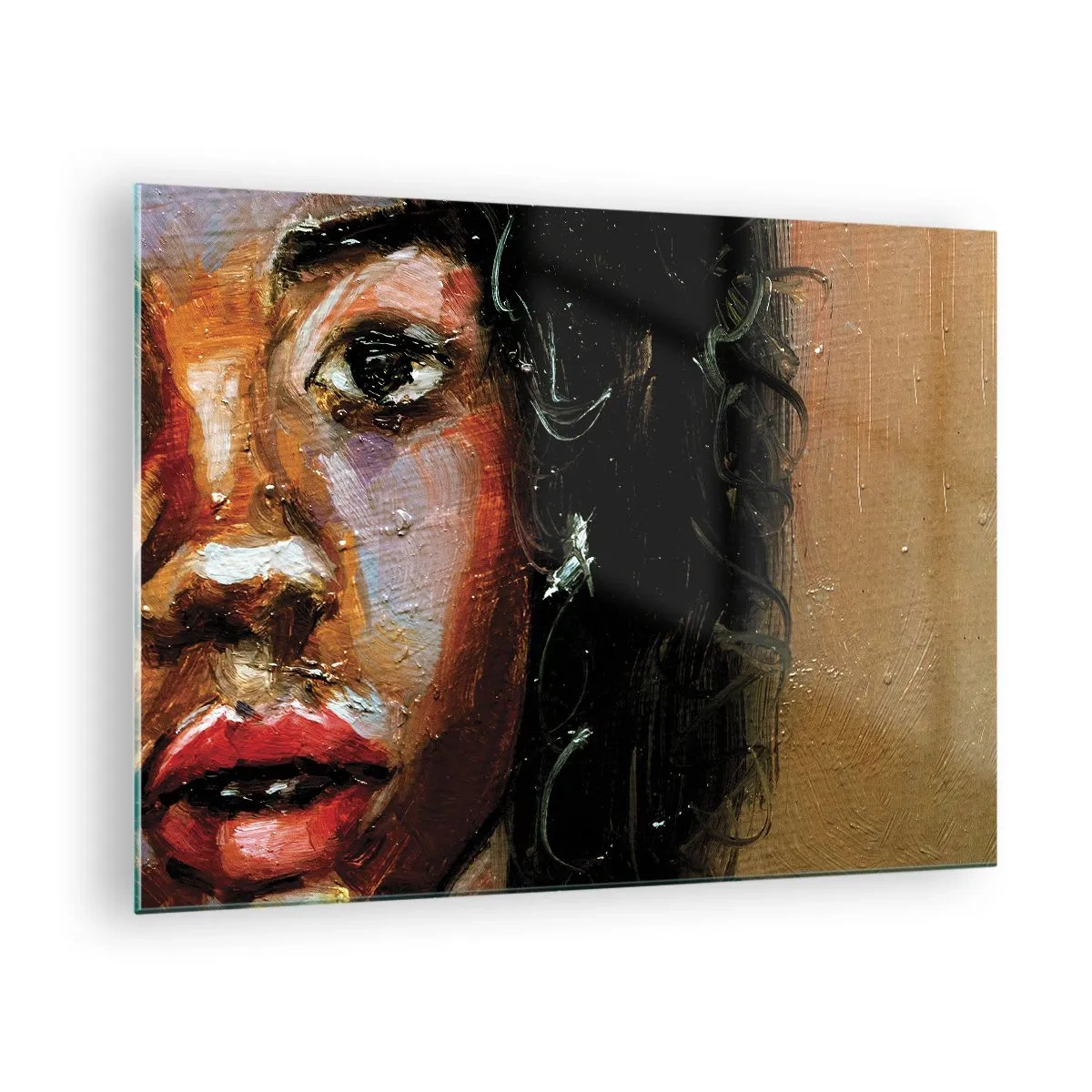 Billede på glas - Fragment af et farverigt portræt af en kvinde i malerisk stil - 70x50cm - Sort og glitter - Moderne vægdekoration til stue og soveværelse ARTTOR
