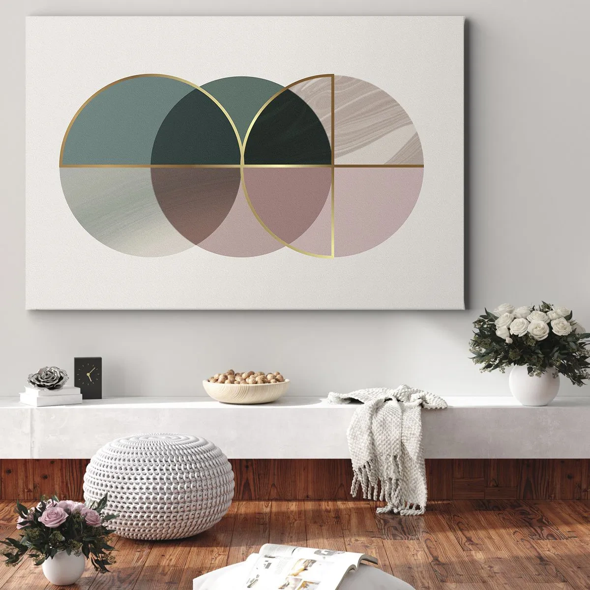 Lærredstryk - Billede på lærred - En abstrakt komposition af geometriske former og gyldne linjer. - 70x50cm - Hjul for hjul… - Moderne vægdekoration til stue og soveværelse ARTTOR