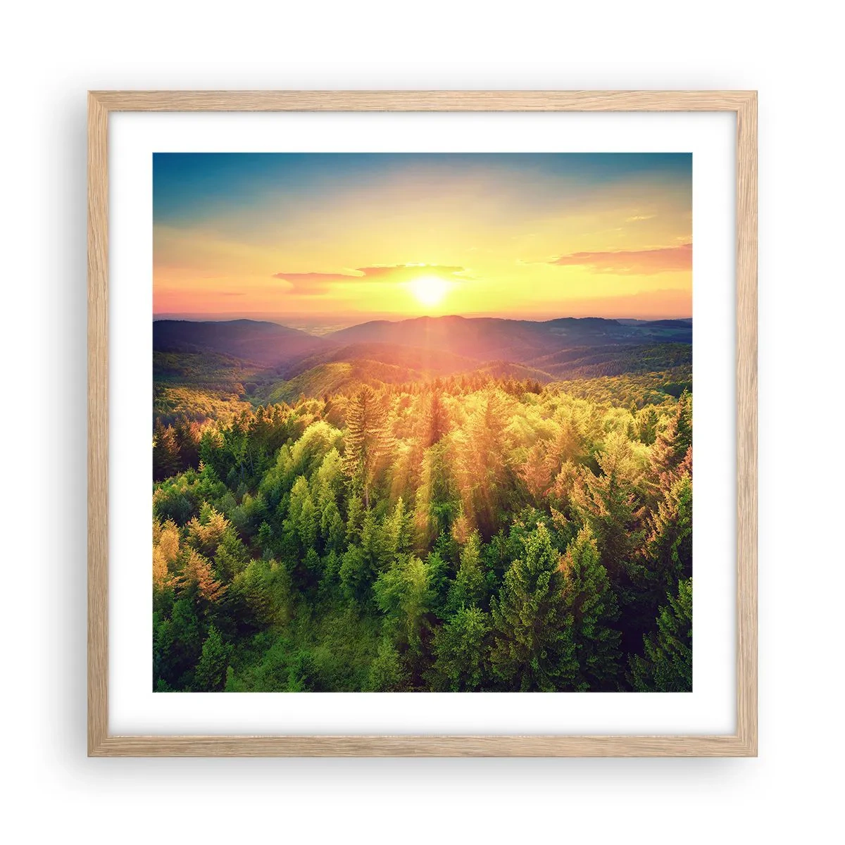 Plakat i ramme af lyst egetræ - Toppe og bjergtoppe - 50x50 cm