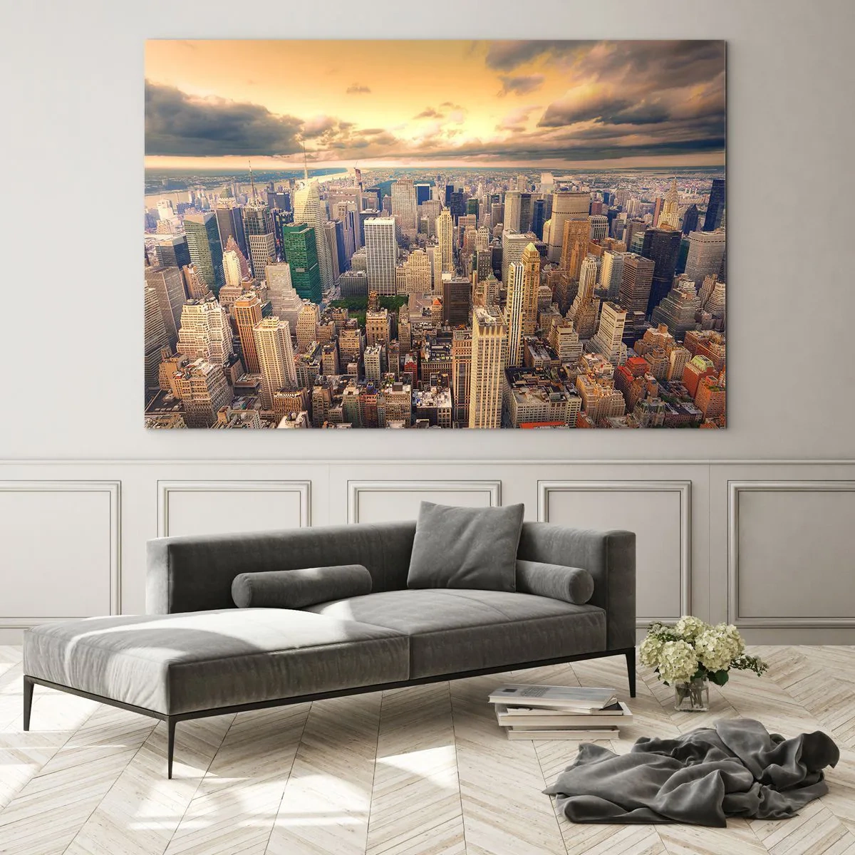 Billede på glas - Bypanorama med skyskrabere ved solnedgang - 70x50cm - En forgyldt metropol - Moderne vægdekoration til stue og soveværelse ARTTOR
