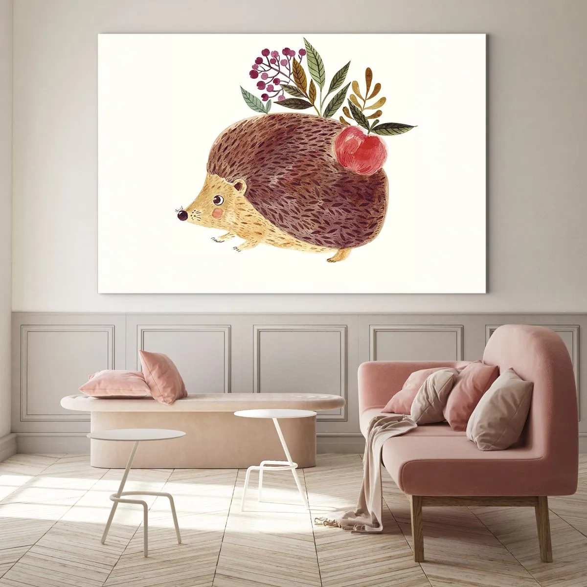 Billede på glas - Et tegneserie-pindsvin med et æble og kviste på ryggen - 70x50cm - Og du kan allerede lide mig - Moderne vægdekoration til stue og soveværelse ARTTOR