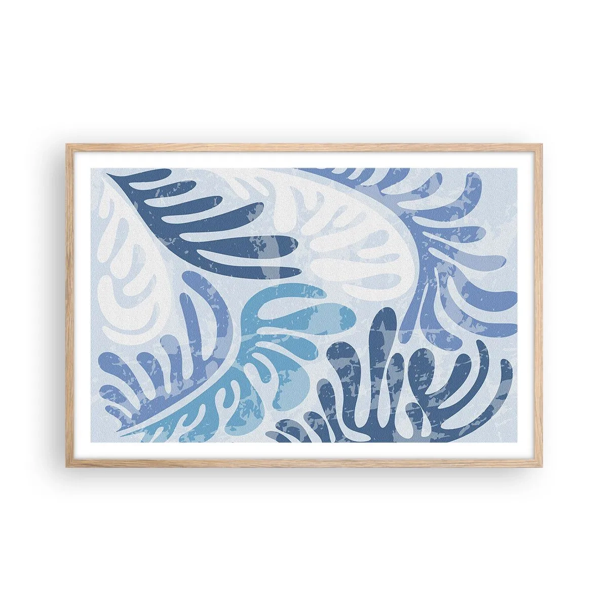 Plakat i ramme af lyst egetræ - Blå bregner - 91x61 cm
