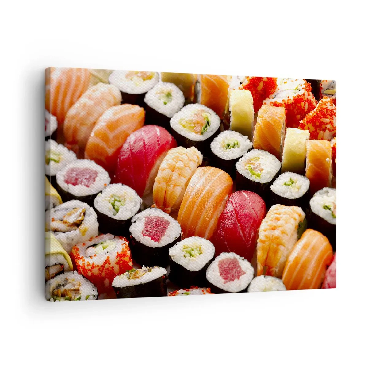 Lærredstryk - Billede på lærred - Farverig sushi arrangeret i rækker med forskellige toppings - 70x50cm - Asiens farver og smag - Moderne vægdekoration til stue og soveværelse ARTTOR