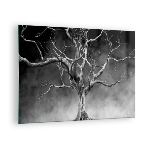 Billede på glas - Sort træ mod tågen - 70x50cm - Primær og hellig - Moderne vægdekoration til stue og soveværelse ARTTOR