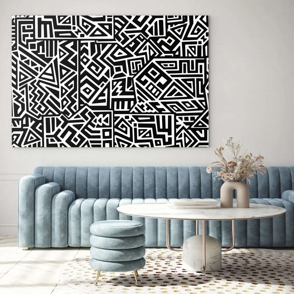Billede på glas - Sort-hvidt mønster inspireret af tribal kunst - 70x50cm - Præcolumbiansk sammensætning - Moderne vægdekoration til stue og soveværelse ARTTOR