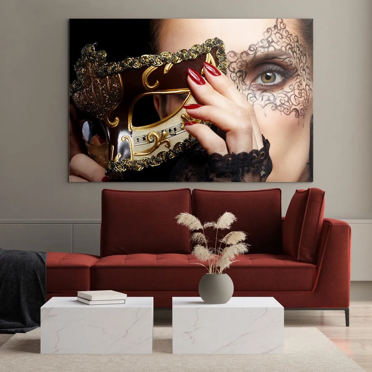 Billede på glas - En gylden venetiansk maske på en kvindes ansigt - 70x50cm - Min verden er barok - Moderne vægdekoration til stue og soveværelse ARTTOR