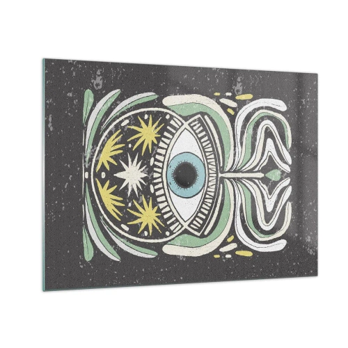 Billede på glas - Grafisk øje med tribal ornamentik på en mørk baggrund - 70x50cm - Stammeritualer - Moderne vægdekoration til stue og soveværelse ARTTOR