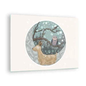 Billede på glas - Illustration af en hjort og en ugle i magiske omgivelser - 70x50cm - En eventyrlig skovnat - Moderne vægdekoration til stue og soveværelse ARTTOR