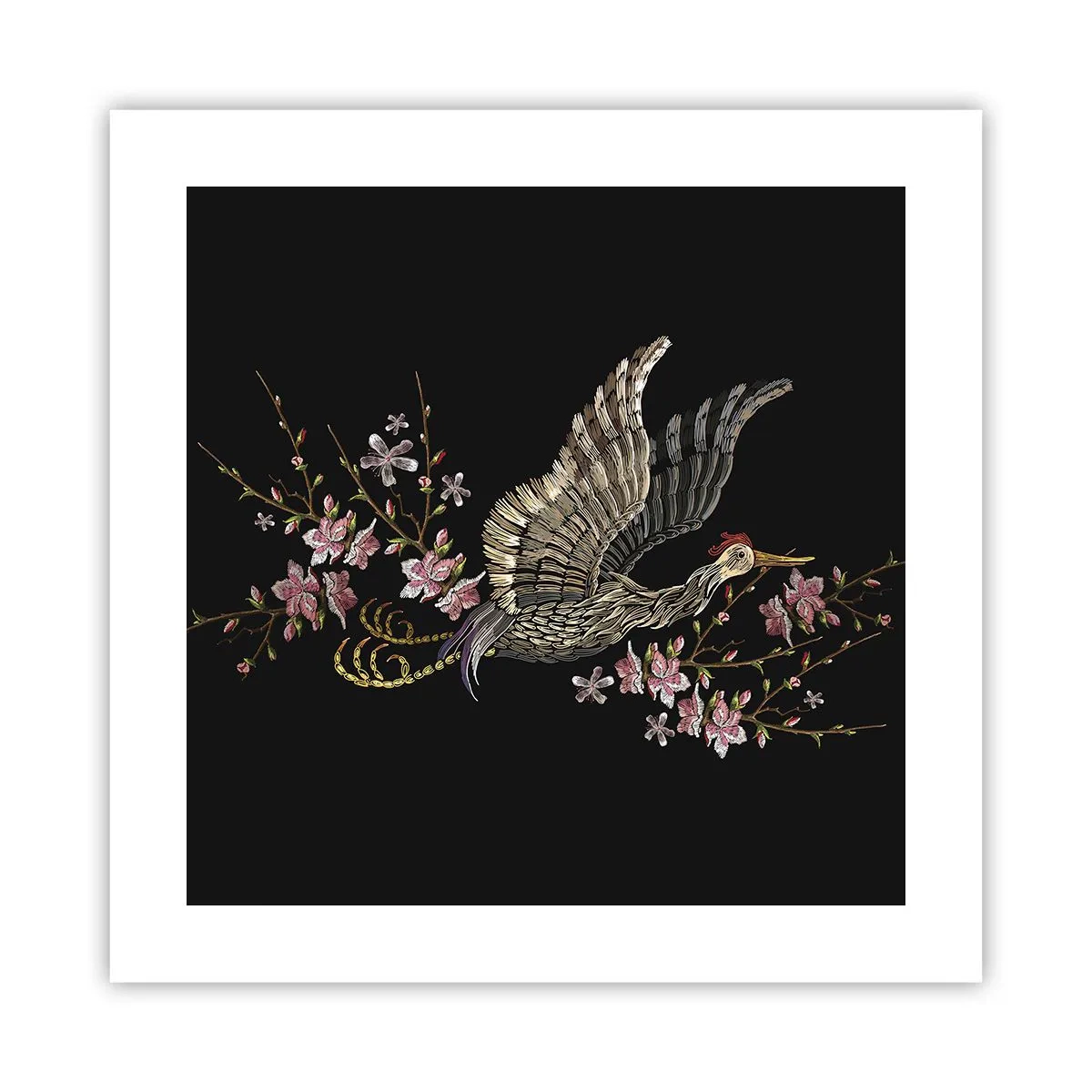 Plakat - Eksotisk broderet fugl - 40x40 cm