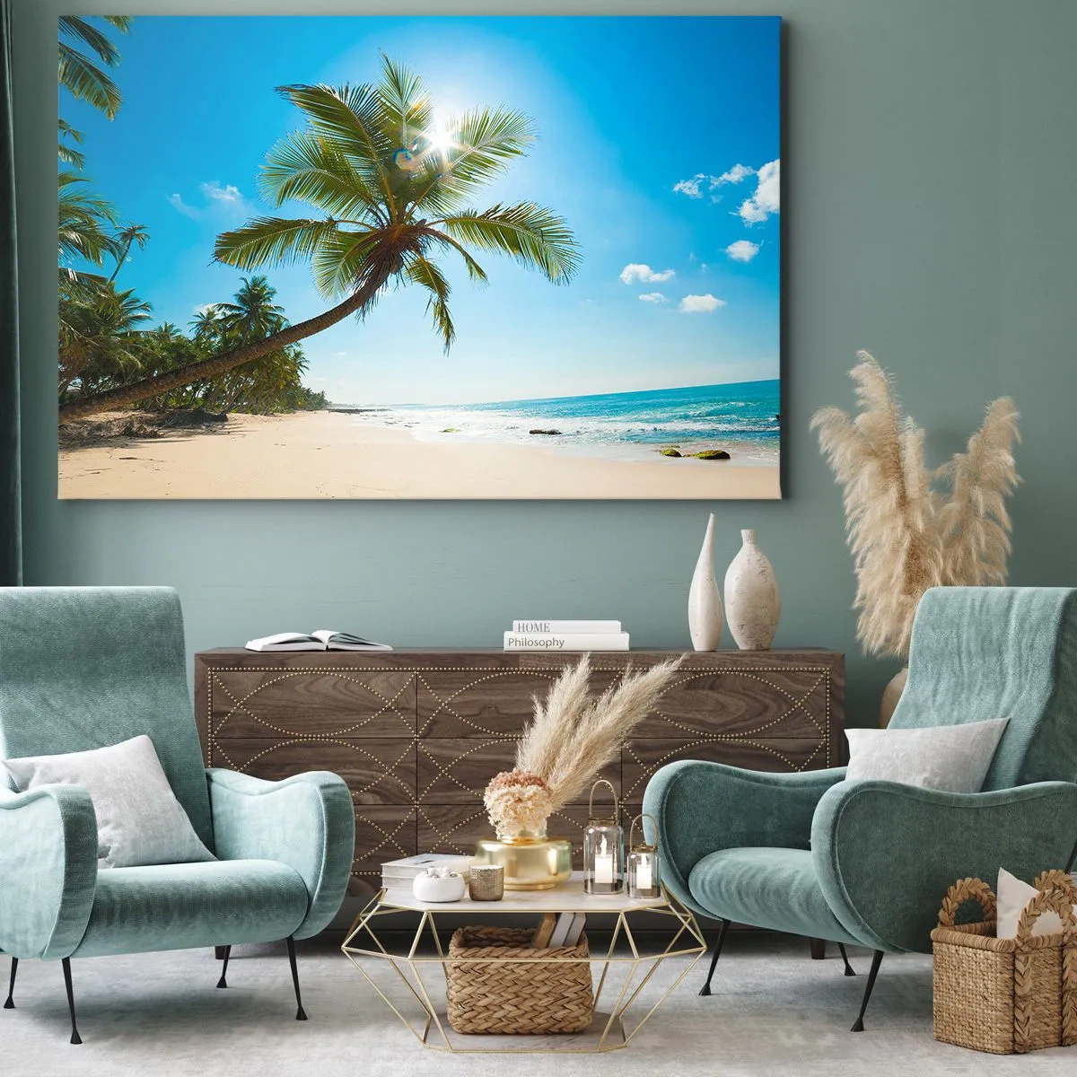 Lærredstryk - Billede på lærred - En strand med palmer i et tropisk landskab - 70x50cm - Du må ikke vise nogen - Moderne vægdekoration til stue og soveværelse ARTTOR