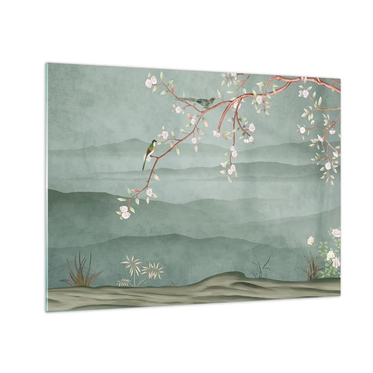 Billede på glas - En gren med blomster og fugle mod en baggrund af grønne bakker - 70x50cm - Forår, ah, det er dig - Moderne vægdekoration til stue og soveværelse ARTTOR