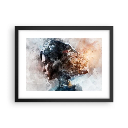 Plakat i sort ramme - Historien om en pige med en by i baggrunden - 40x30 cm