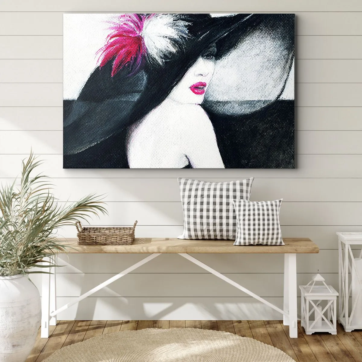 Lærredstryk - Billede på lærred - Stilfuld kvinde i en fjerhat - 70x50cm - Altid et mysterium - Moderne vægdekoration til stue og soveværelse ARTTOR