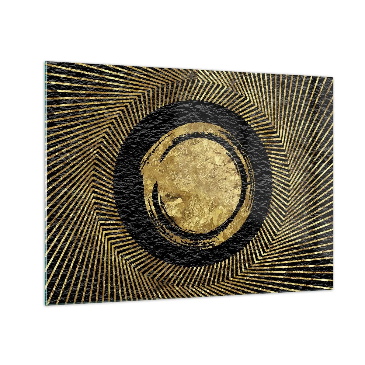 Billede på glas - Gylden cirkel med stråler på en sort baggrund i glamourøs stil - 70x50cm - Glamour-komposition - Moderne vægdekoration til stue og soveværelse ARTTOR