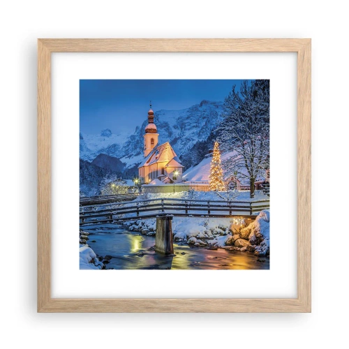 Plakat i ramme af lyst egetræ - Julens ånd - 30x30 cm