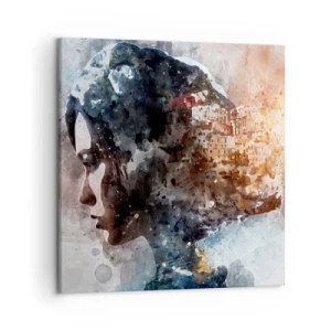 Lærredstryk - Billede på lærred - Historien om en pige med en by i baggrunden - 50x50 cm