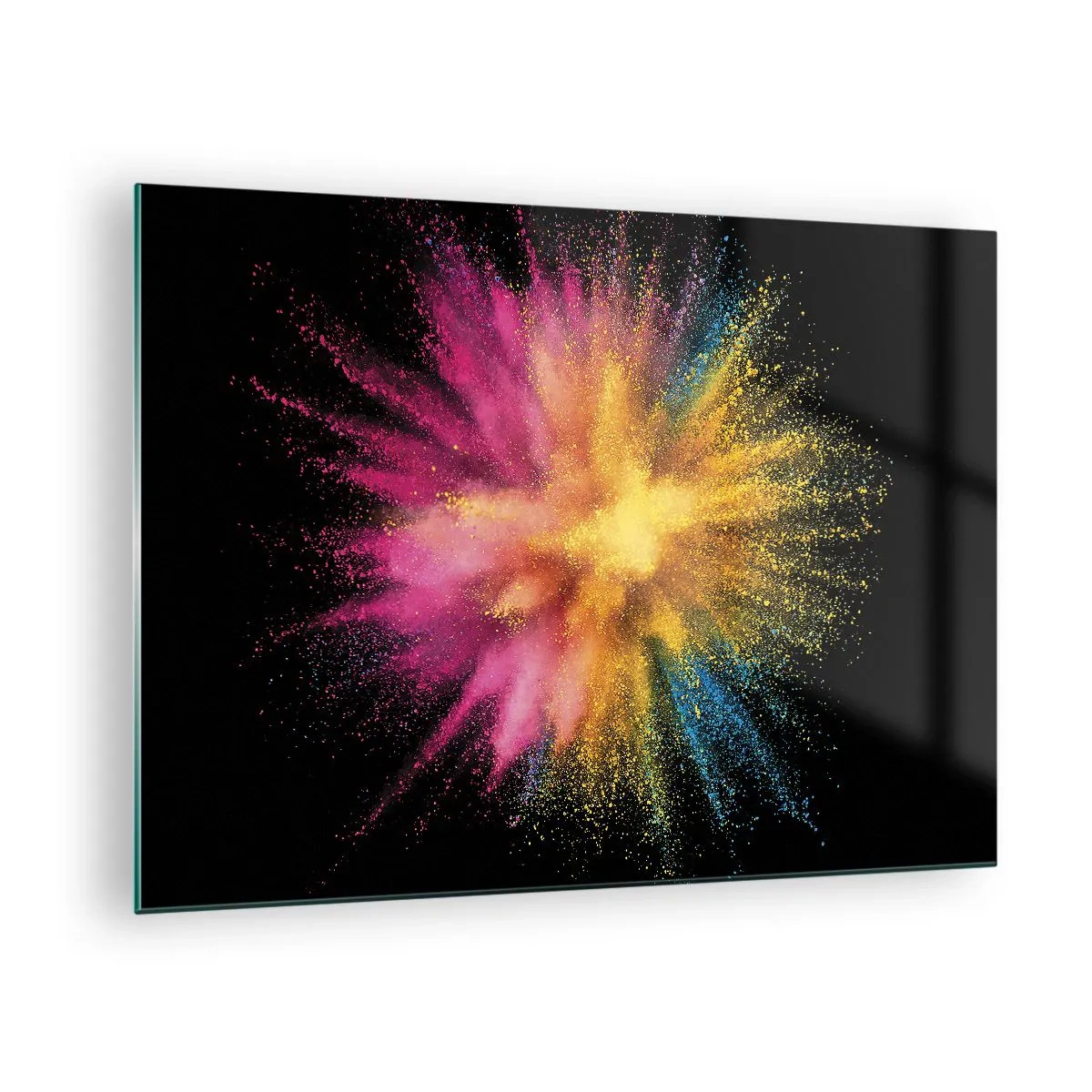 Billede på glas - Farverig pulvereksplosion på en sort baggrund - 70x50cm - Farvernes fødsel - Moderne vægdekoration til stue og soveværelse ARTTOR