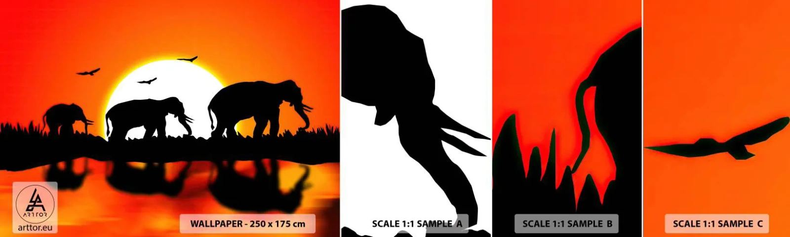 Fototapet Prøve Standard Eco - Og om aftenen til en lille drink - Dyr, Afrika, Elefant - 100x30 cm