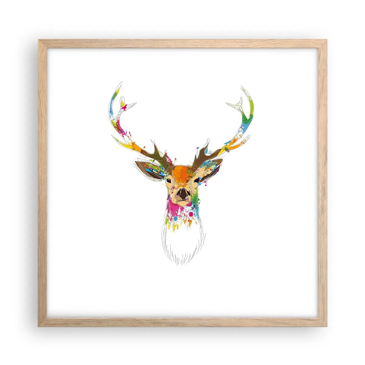 Plakat i ramme af lyst egetræ - Blid kronhjort badet i farver - 50x50 cm