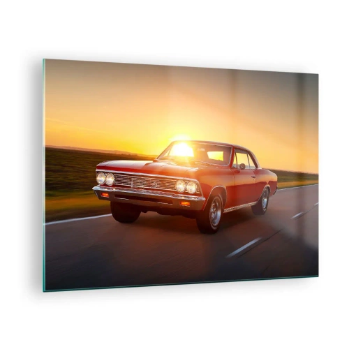 Billede på glas - Rød klassisk bil mod den nedgående sol - 70x50cm - Begæret er rødt - Moderne vægdekoration til stue og soveværelse ARTTOR