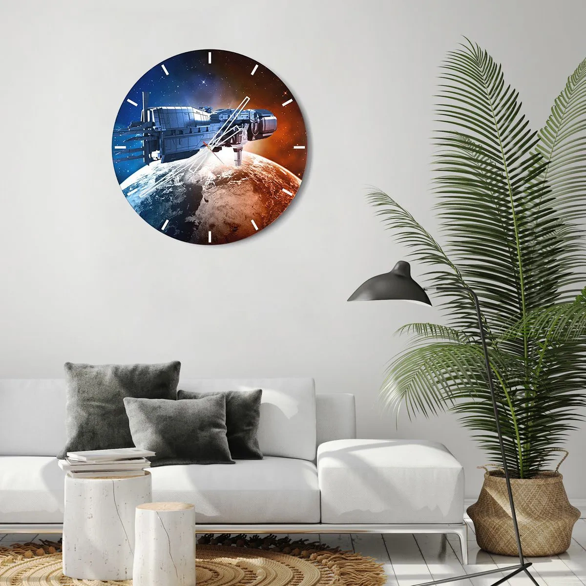 Vægur, Uret - En urskive med motiv af et rumskib, der svæver over Jorden - 30x30cm - Forsigtig observatør - Moderne vægdekoration til stue, køkken og soveværelse ARTTOR