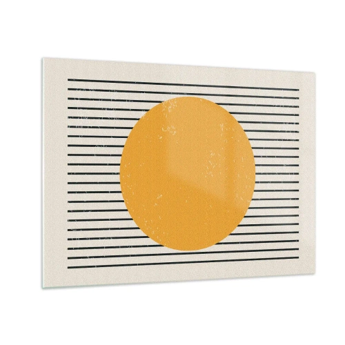 Billede på glas - En orange cirkel mod en baggrund af vandrette sorte linjer på en beige baggrund. - 70x50cm - Enkelthedens kraft - Moderne vægdekoration til stue og soveværelse ARTTOR