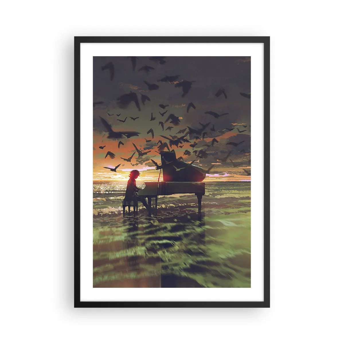 Plakat i sort ramme - Silhuet af en pianist mod en solnedgangs baggrund - 50x70cm - Koncert for klaver og bølger - Moderne vægdekoration til stue og soveværelse ARTTOR
