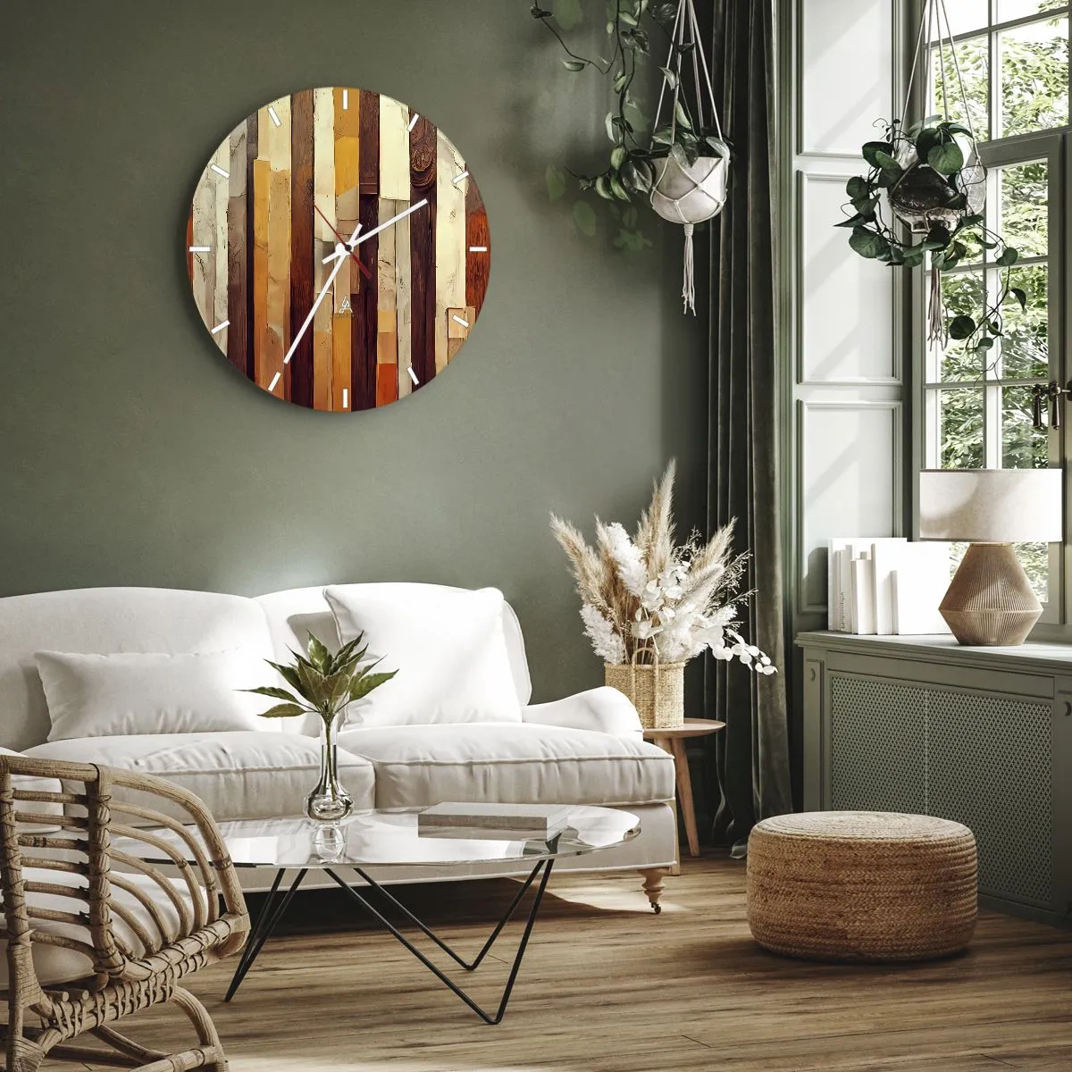Vægur, Uret - Lodrette striber i træ- og beige nuancer i en organisk stil - 30x30cm - Hymne af skovens træer - Moderne vægdekoration til stue, køkken og soveværelse ARTTOR