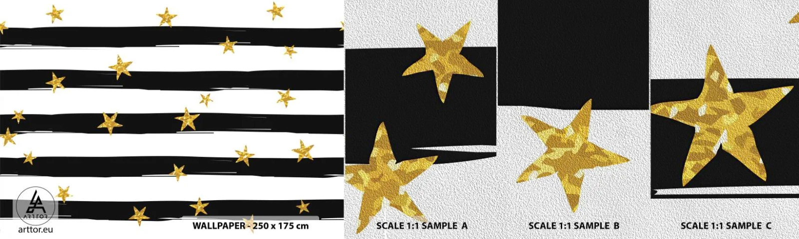 Prøve Fototapet Premium Sand - Vi blev alle født under en heldig stjerne - Grafik, Guldstjerne, Sorte og hvide striber - 100x30 cm